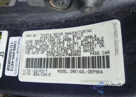 2012 Toyota Corolla S из США, поврежденный, VIN 5YFBU4EE4CP009092